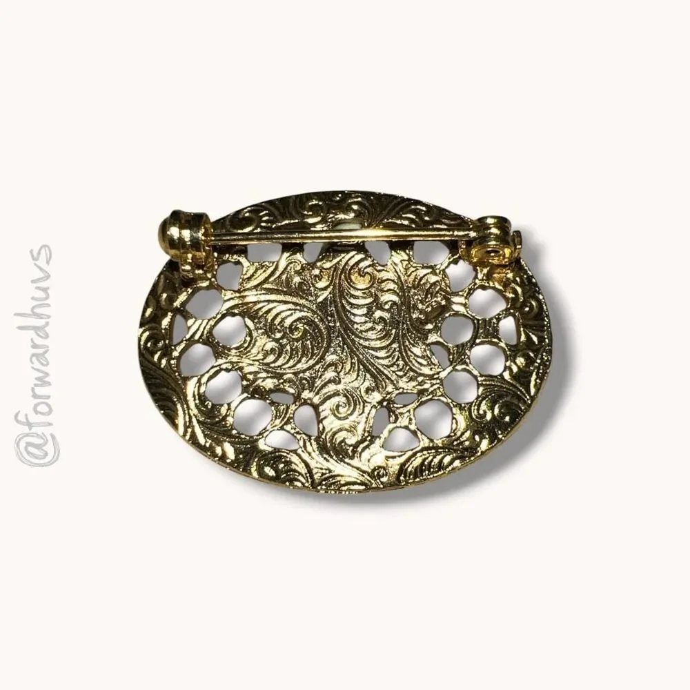 1928 Jewelry Pink Porcelain Rose Faux Pearl Filigree Brooch Gold Tone